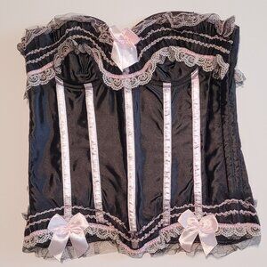 Women Lace Up Black & Pink Bustier Corset Overbust Burlesque Top Waist Cincher